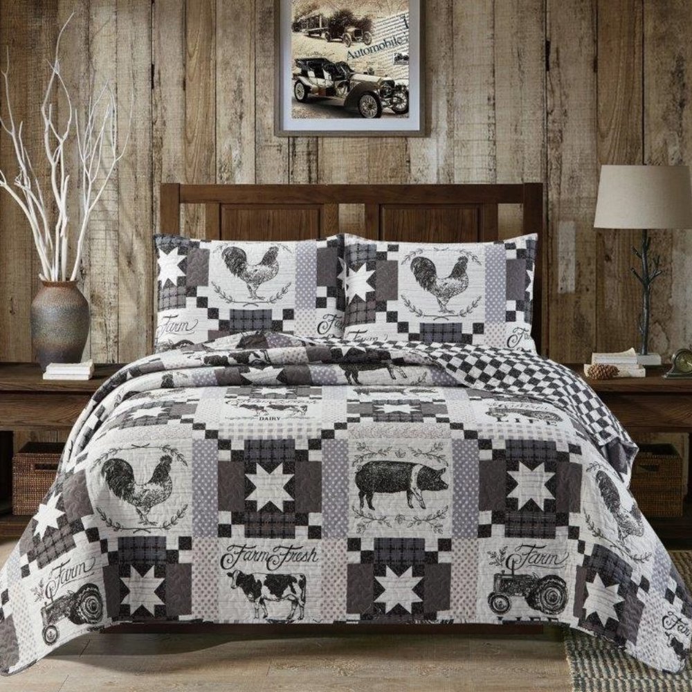 Farmhouse Animals Gray Printed Queen Quilt Set Farm Life